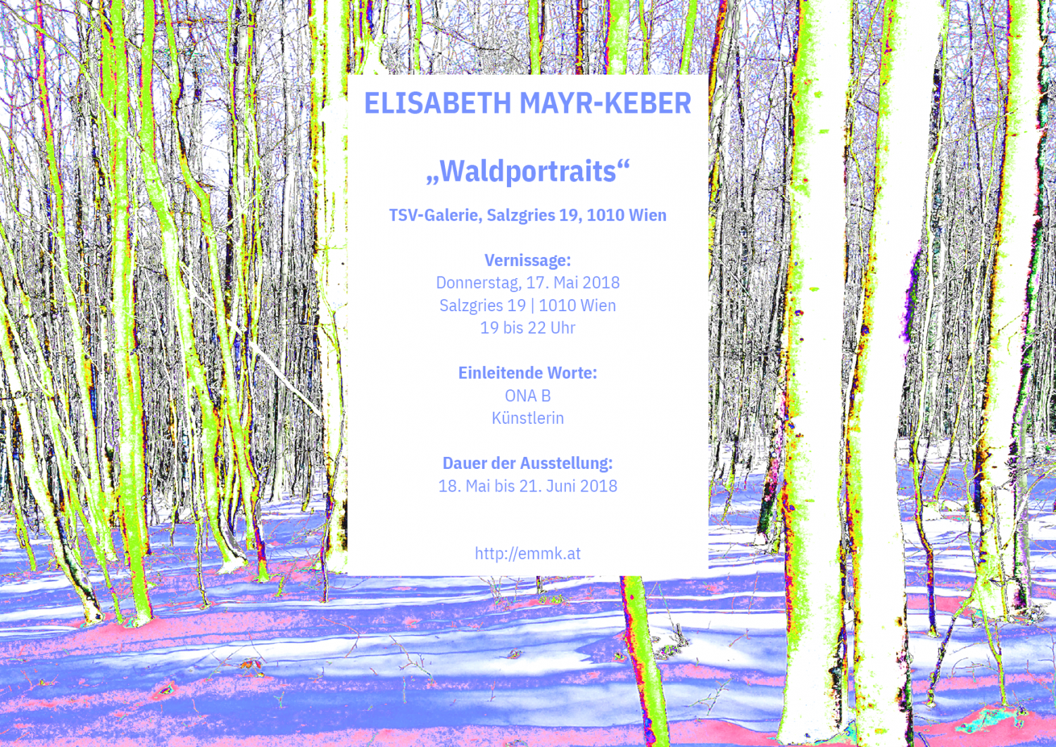 Elisabeth Mayr-Keber "Waldportraits" Einladung zur Ausstellungseröffnung in der TSV Galerie Salzgries 1010 Wien 17. Mai 2018